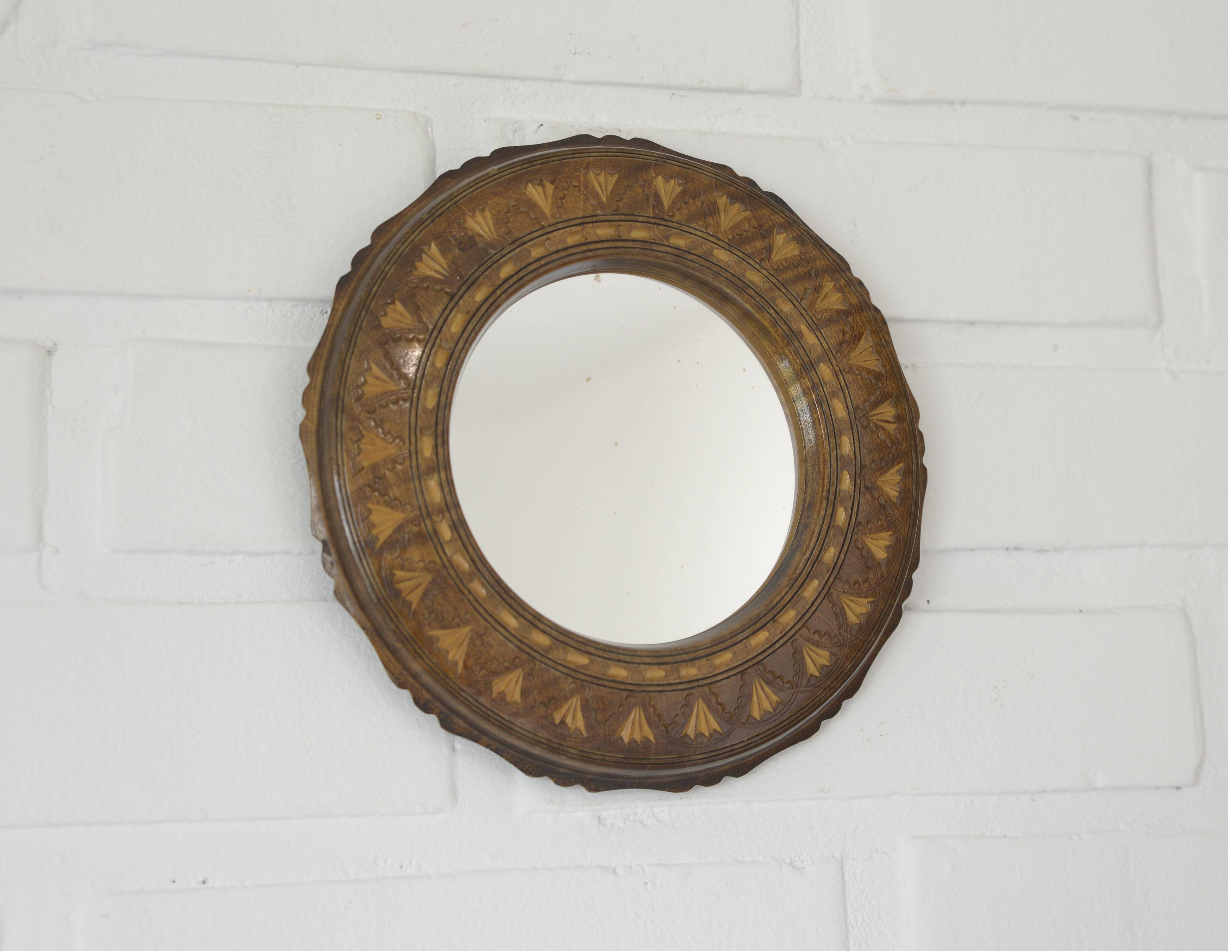 Small vintage wall mirror hand-carved wooden farmhouse handmade mirror
