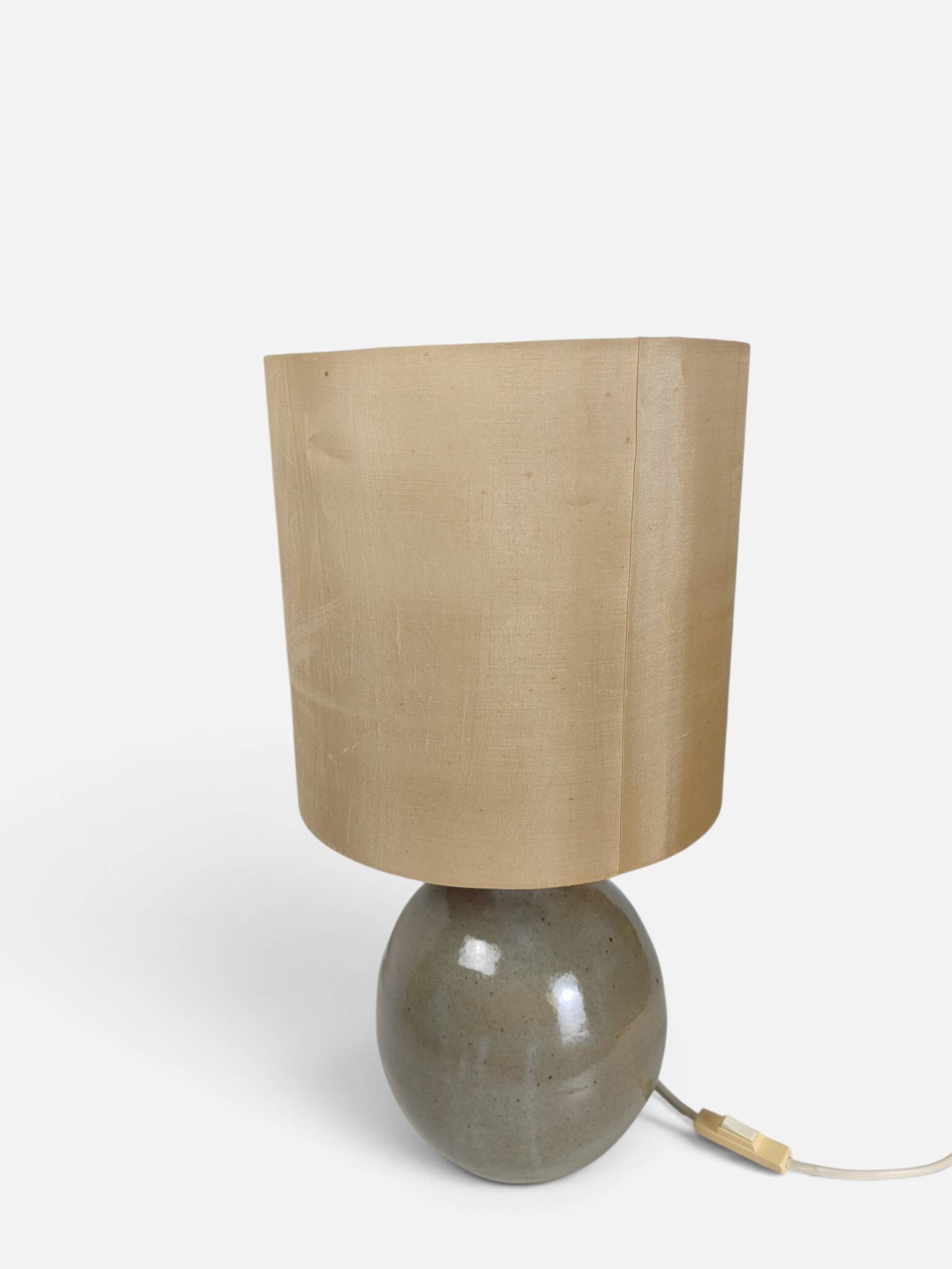 1970s table lamp in ceramic, signed, with a hand-painted silk shade.