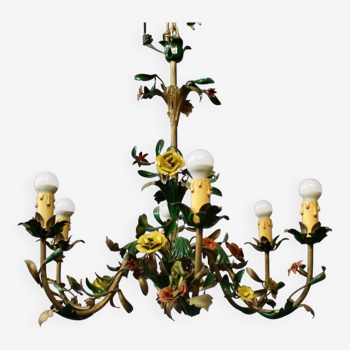 Chandelier with 6 arms of flower lights in painted sheet metal