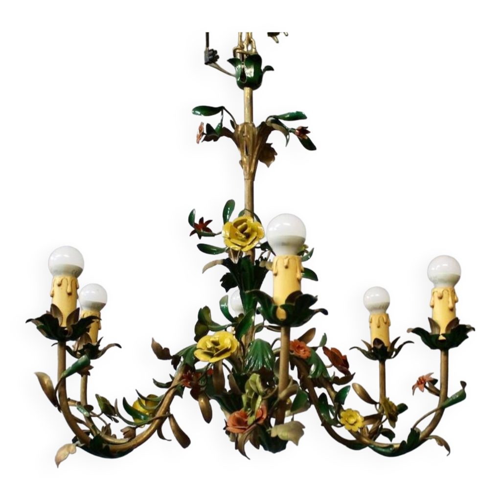 Lustre à 6 bras de lumières à fleurs en tôle peinte | Selency