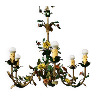 Chandelier with 6 arms of flower lights in painted sheet metal