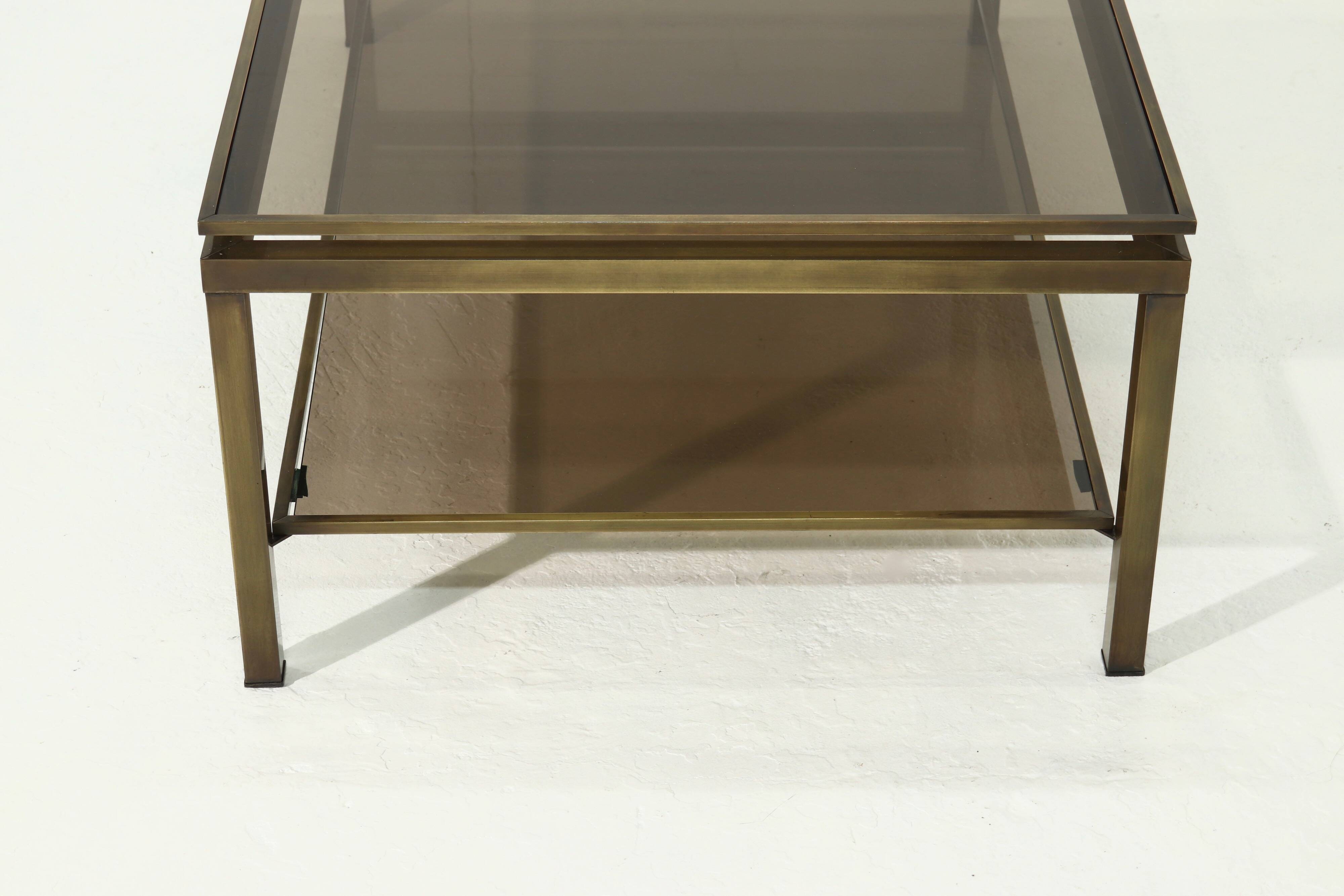 Two Tier Brass and Smoked Glass Coffee Table 1970s