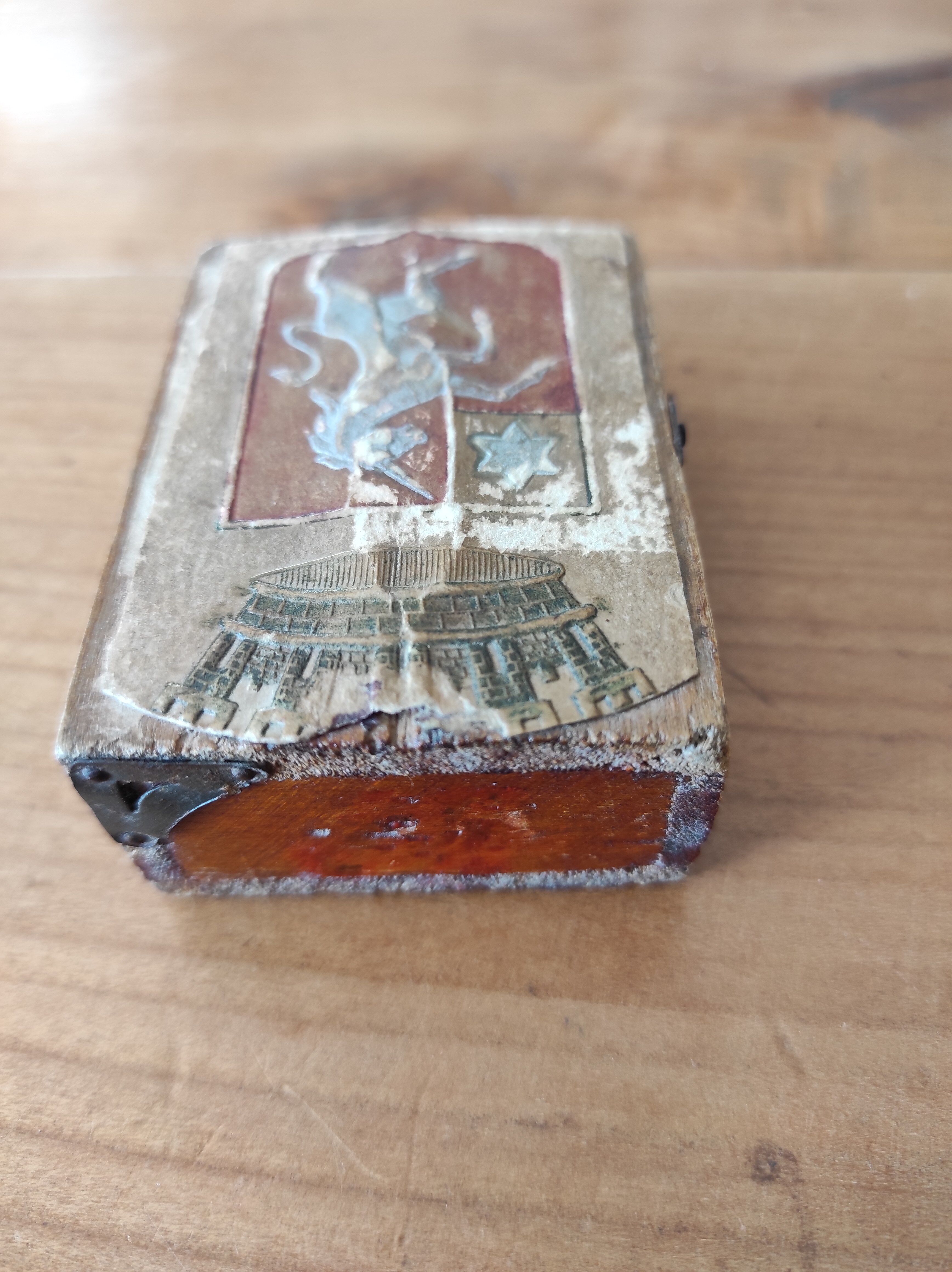 Wooden box decorated badge and unicorn