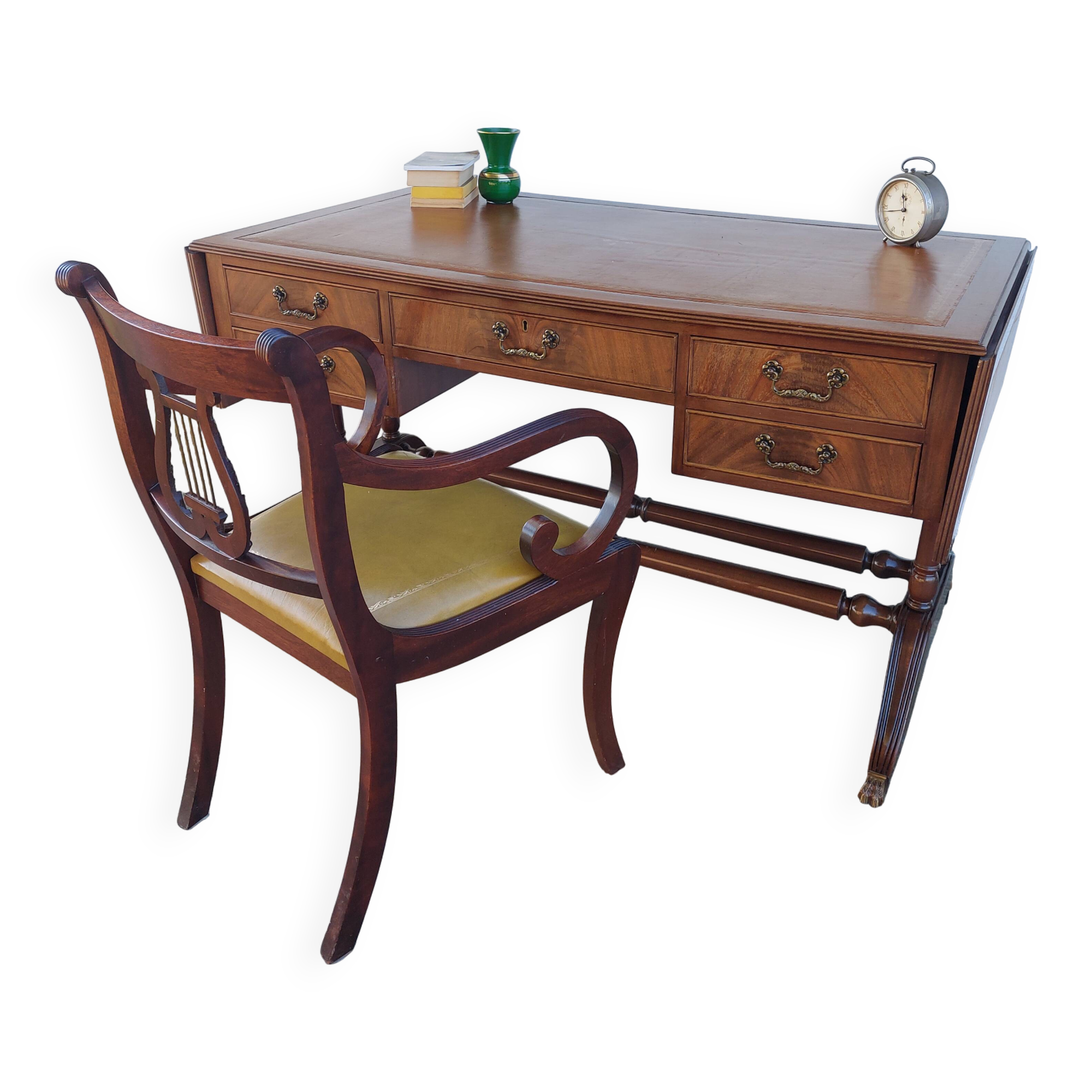 English lion paw desk and lyre armchair, leather, extensions