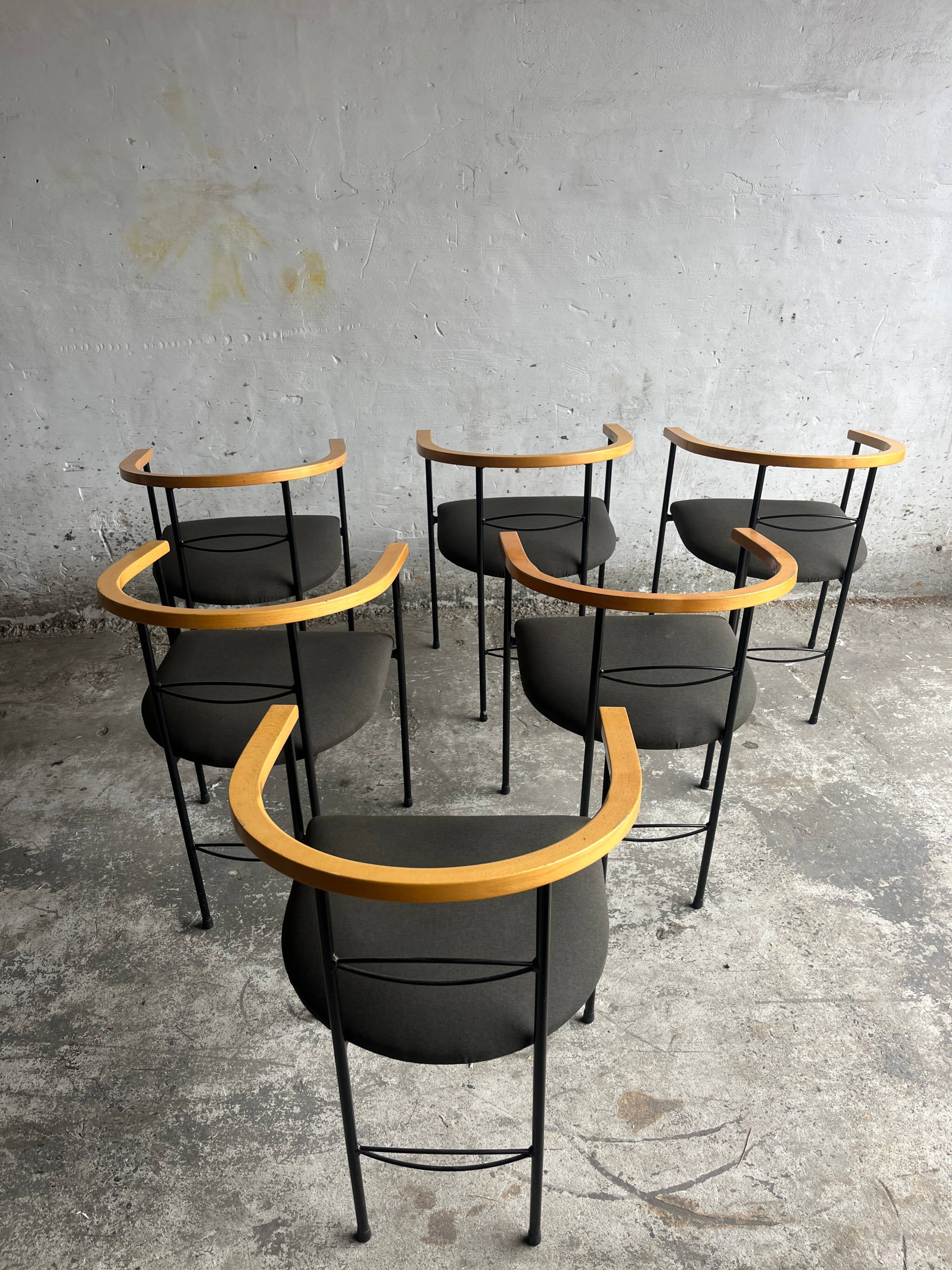 Set of 6 Postmodern Dining Chairs — Black Metal Frame, Natural Wood Armrest and Dark Grey Fabric Seats