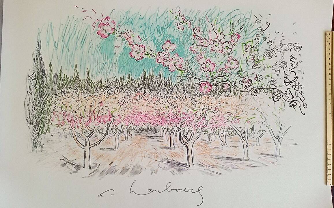 Art print on arches sheet - 48 x 65 cm, signed, apple trees in bloom