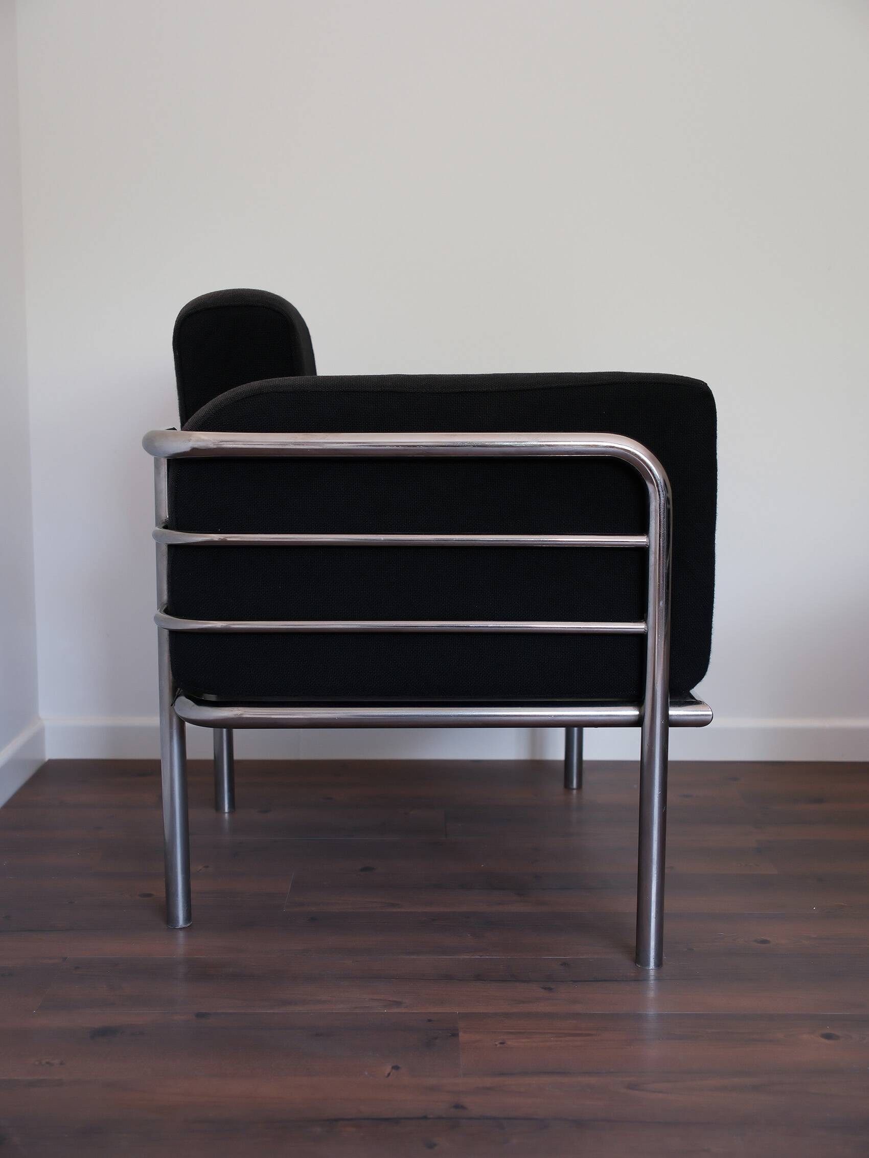 Pair of fabric armchairs – modernist design, circa 1970-80
