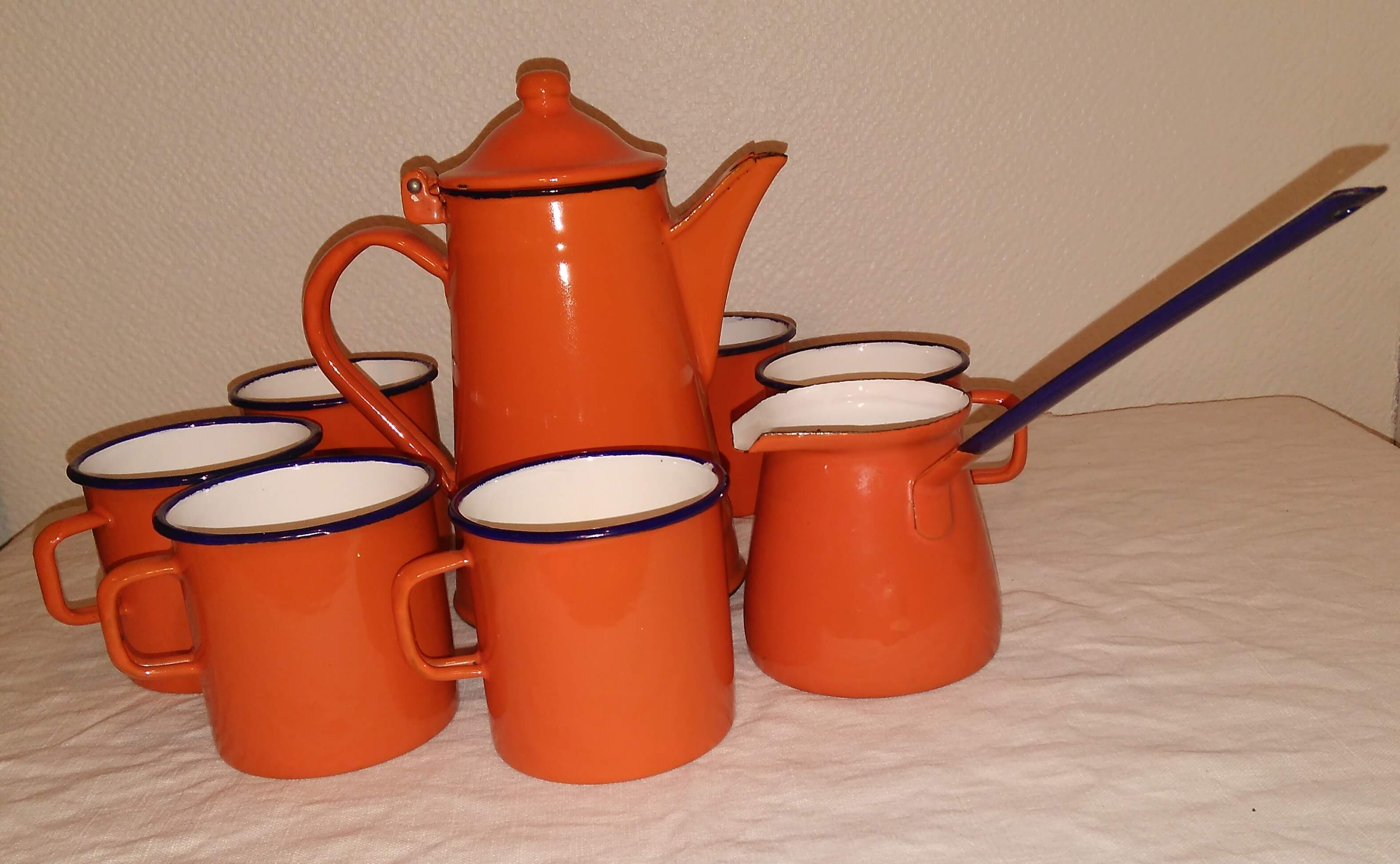 Orange enamelled iron coffee service