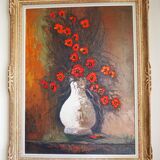 Signed poppy pattern painting and its frame