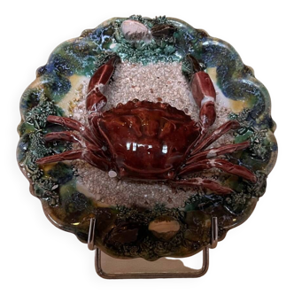 Assiette murale vintage en barbotine figurant un crabe
