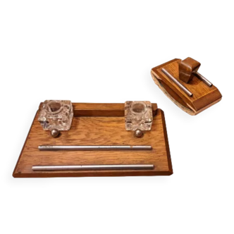 Art deco walnut inkwell and blotting pad