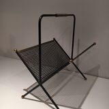 Black lacquered metal design magazine rack, perforated sheet and brass