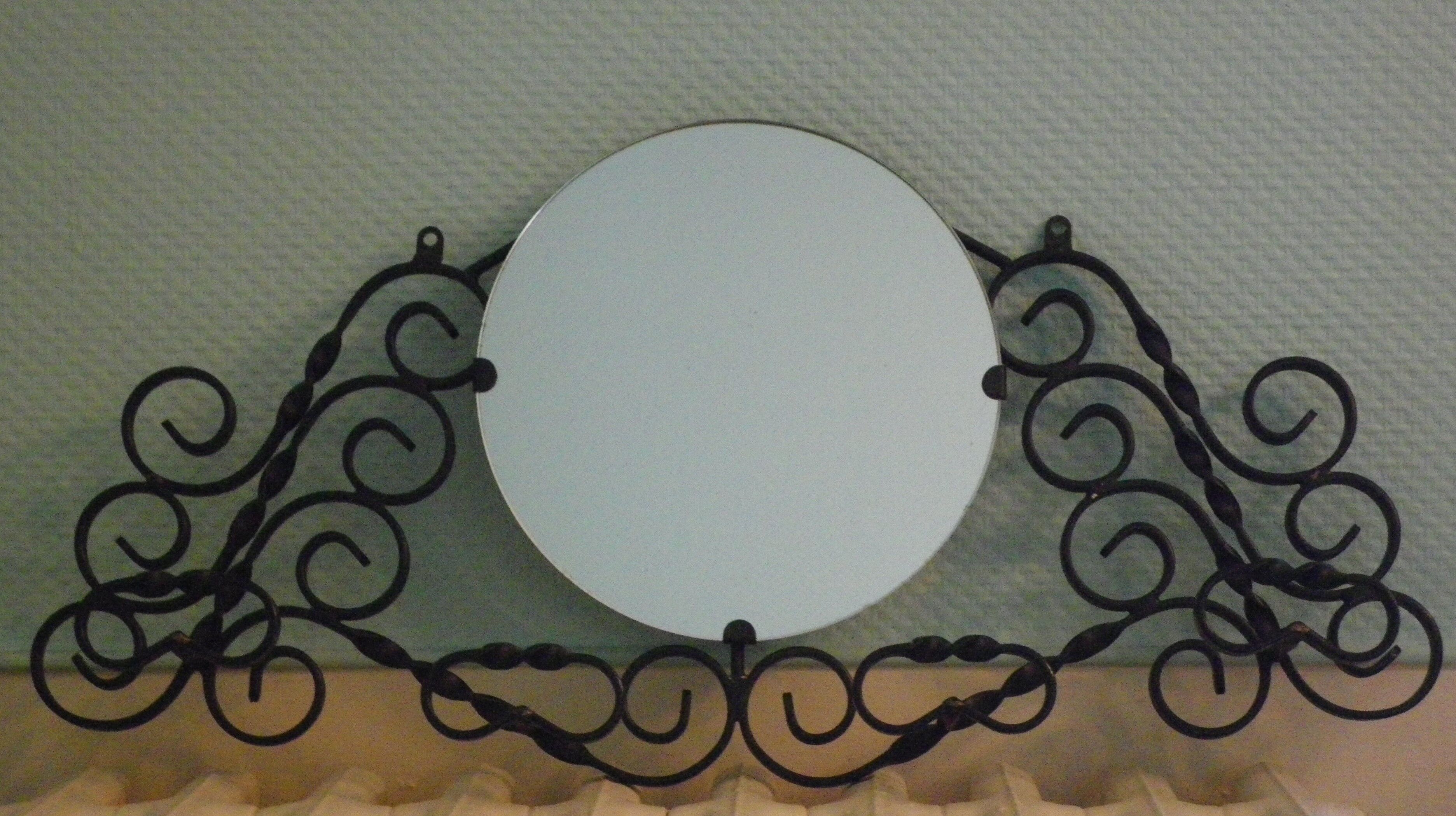 Vintage wall coat rack with mirror, 4 hooks, wrought iron