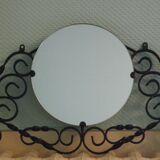 Vintage wall coat rack with mirror, 4 hooks, wrought iron
