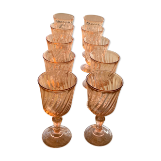 10 vintage rosaline pink glass wine glasses