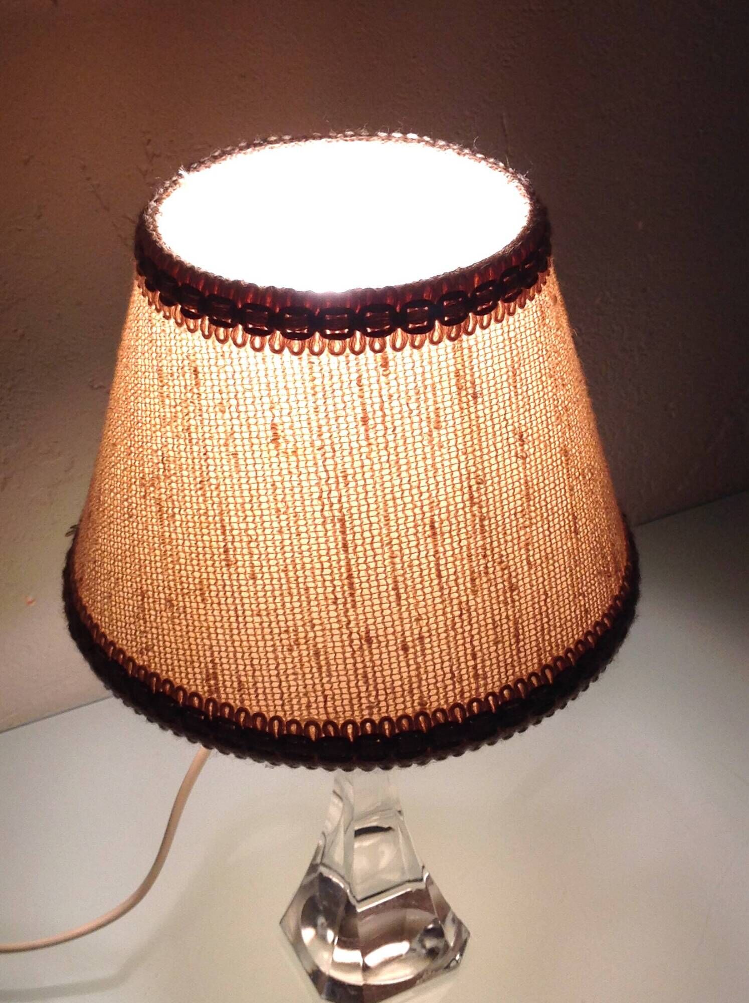 Bedside lamp with glass base and beige fabric lampshade / vintage 60s-70s
