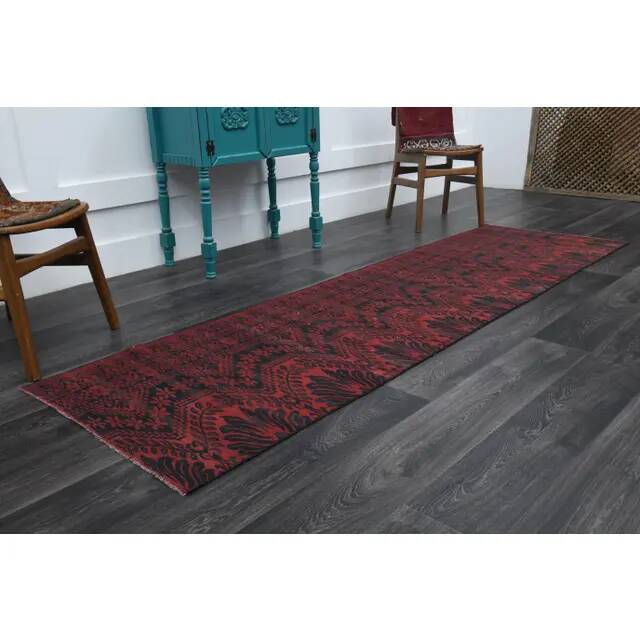 Vintage Turkish Oushak Handmade Wool Cotton Red Runner Rug 80x281