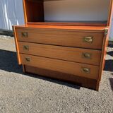 Meuble scandinave vintage avec vitrine fumée et tiroirs – années 60/70