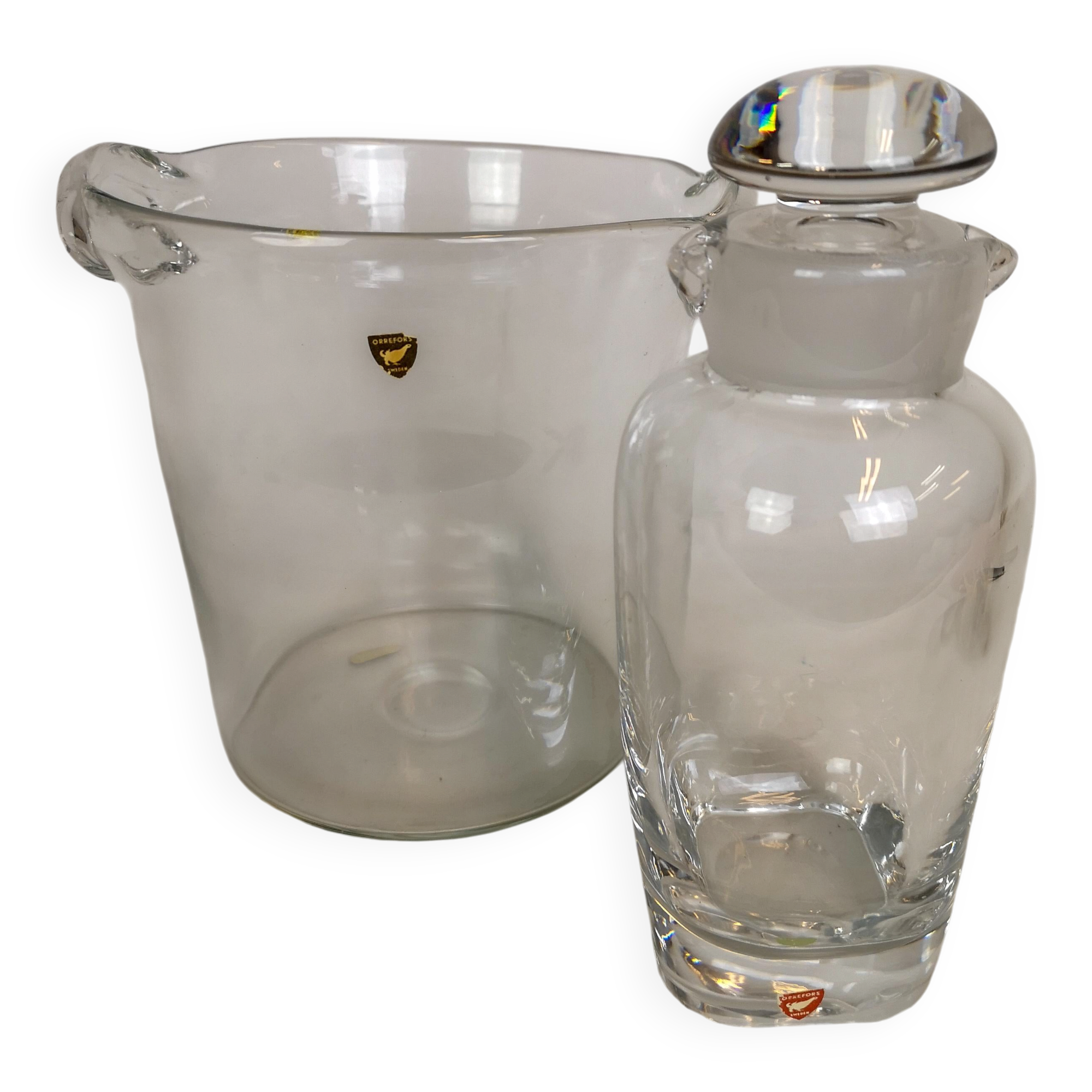 Orrefors ice bucket and shaker set by Nils Landberg, Sweden, 1950s.