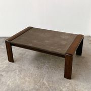 Vintage Belgian oak & fossil slate coffee table, brutalist modern, 1970s
