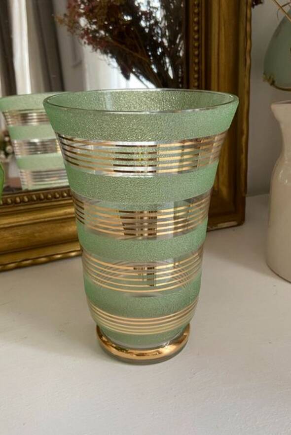 Vintage 1950s Art Deco vase in green granite glass with gold trim