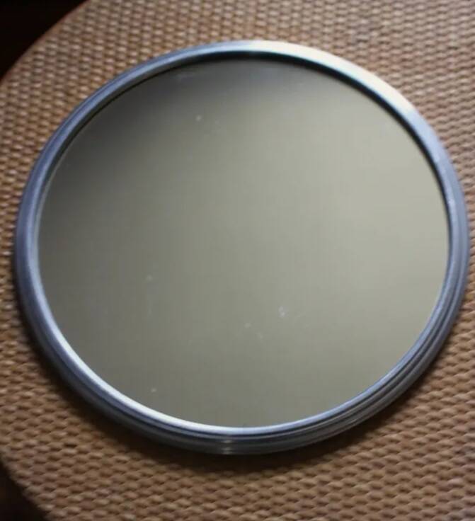 Round vintage gray metal mirror tray