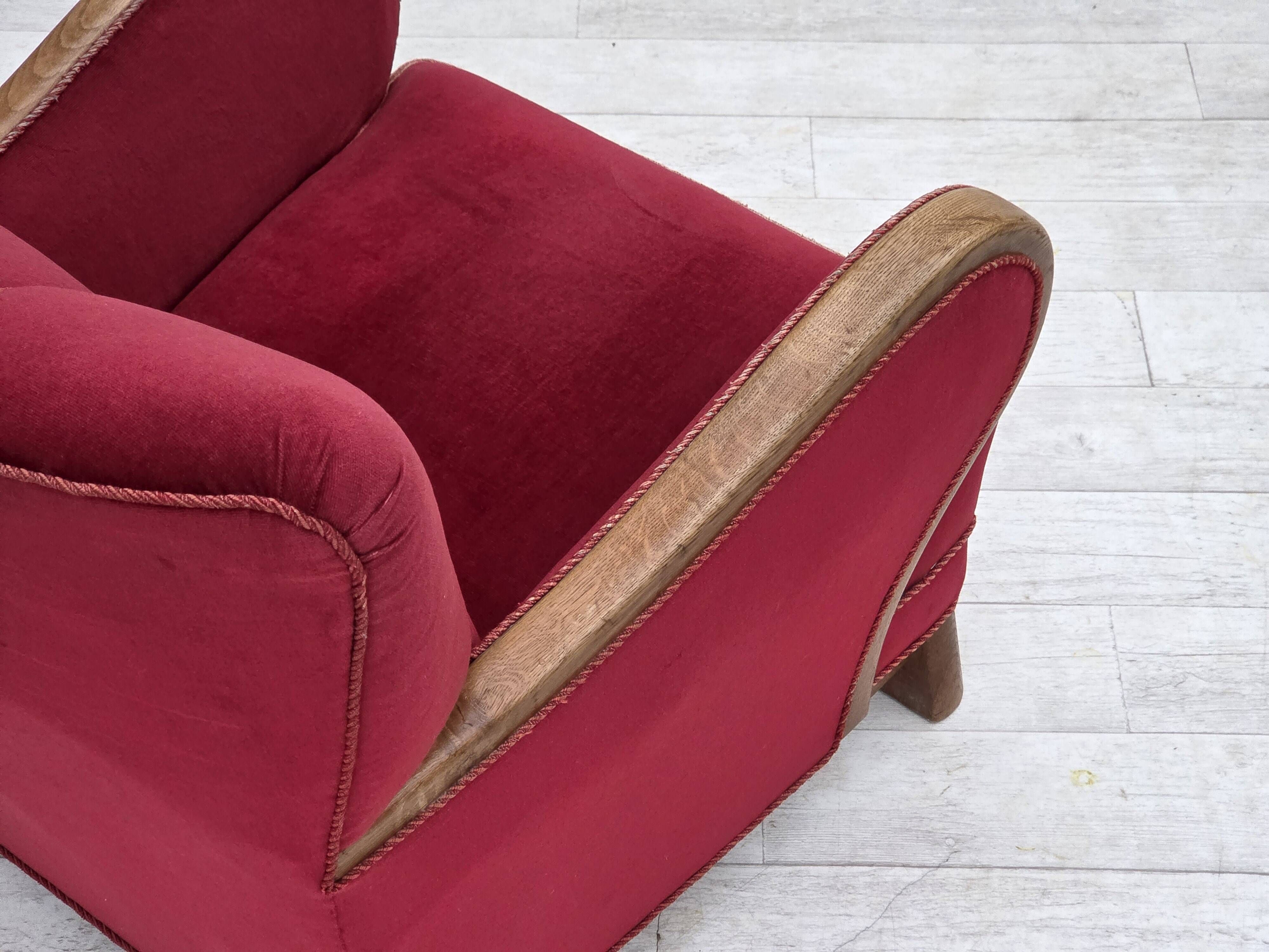 1960s, Danish armchair, red furniture velour, oak wood.
