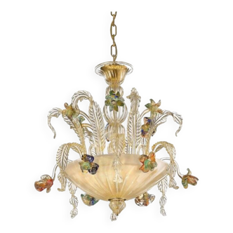 Lustre du 21e siècle en verre de Murano, transparent et doré, à motifs floraux