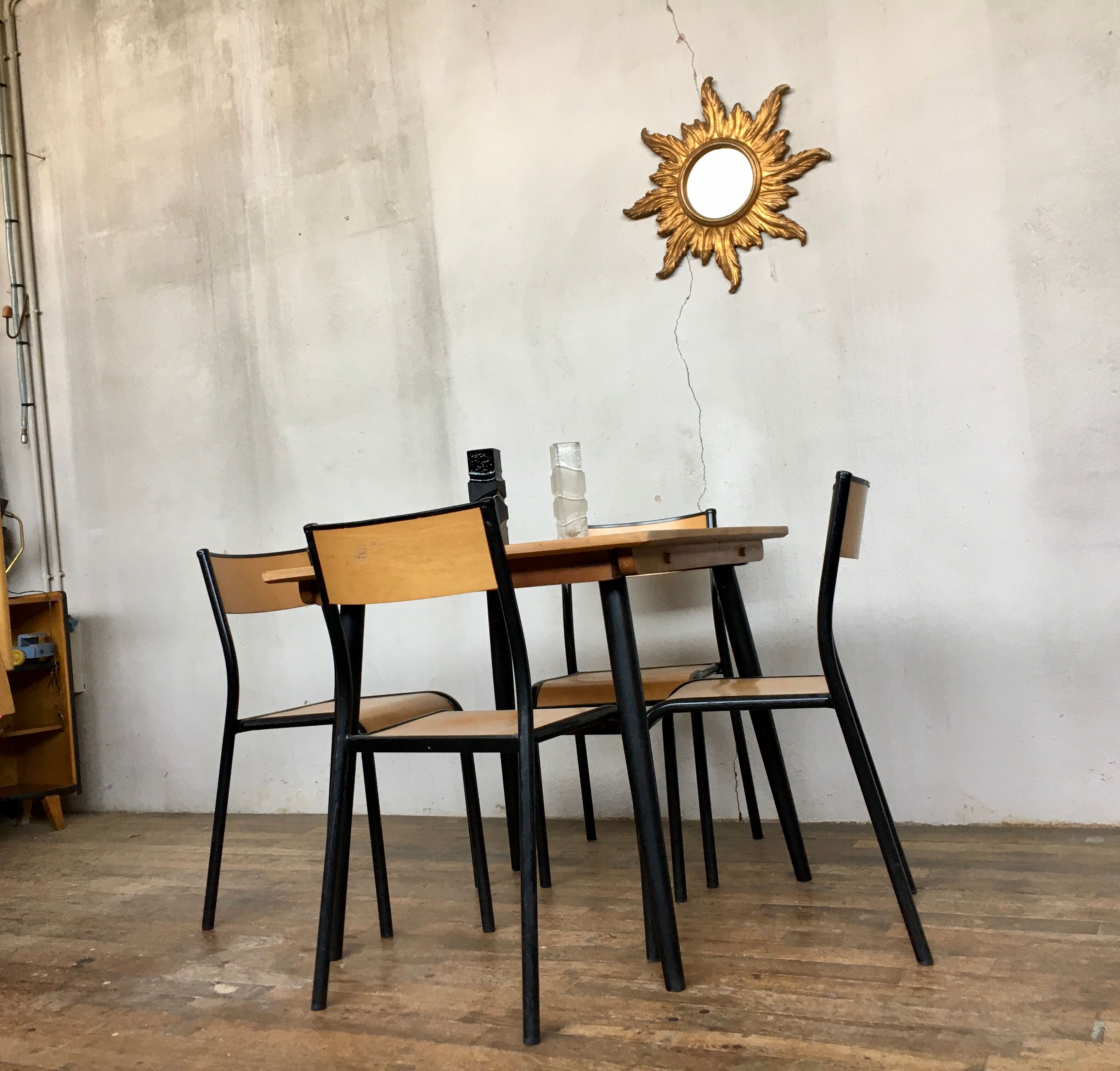 Vintage square table feet black compass tray solid beech