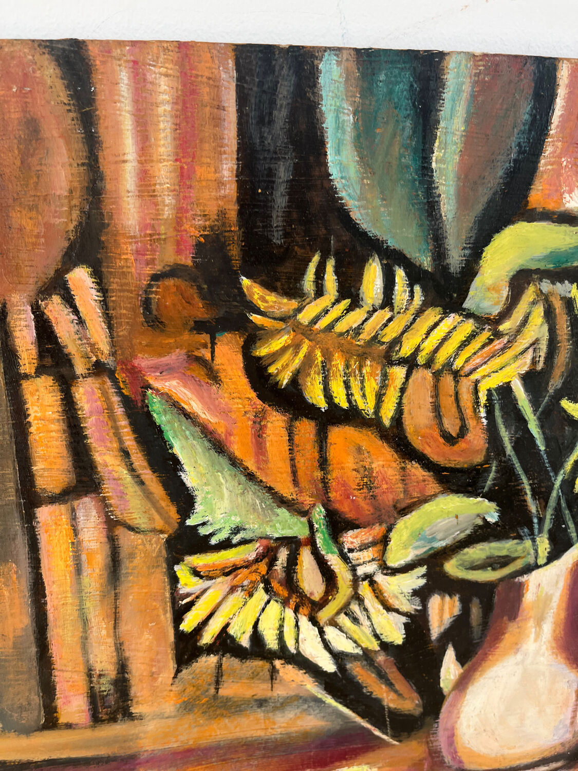 Still life, books and sunflowers, oil on panel