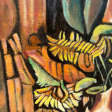 Still life, books and sunflowers, oil on panel