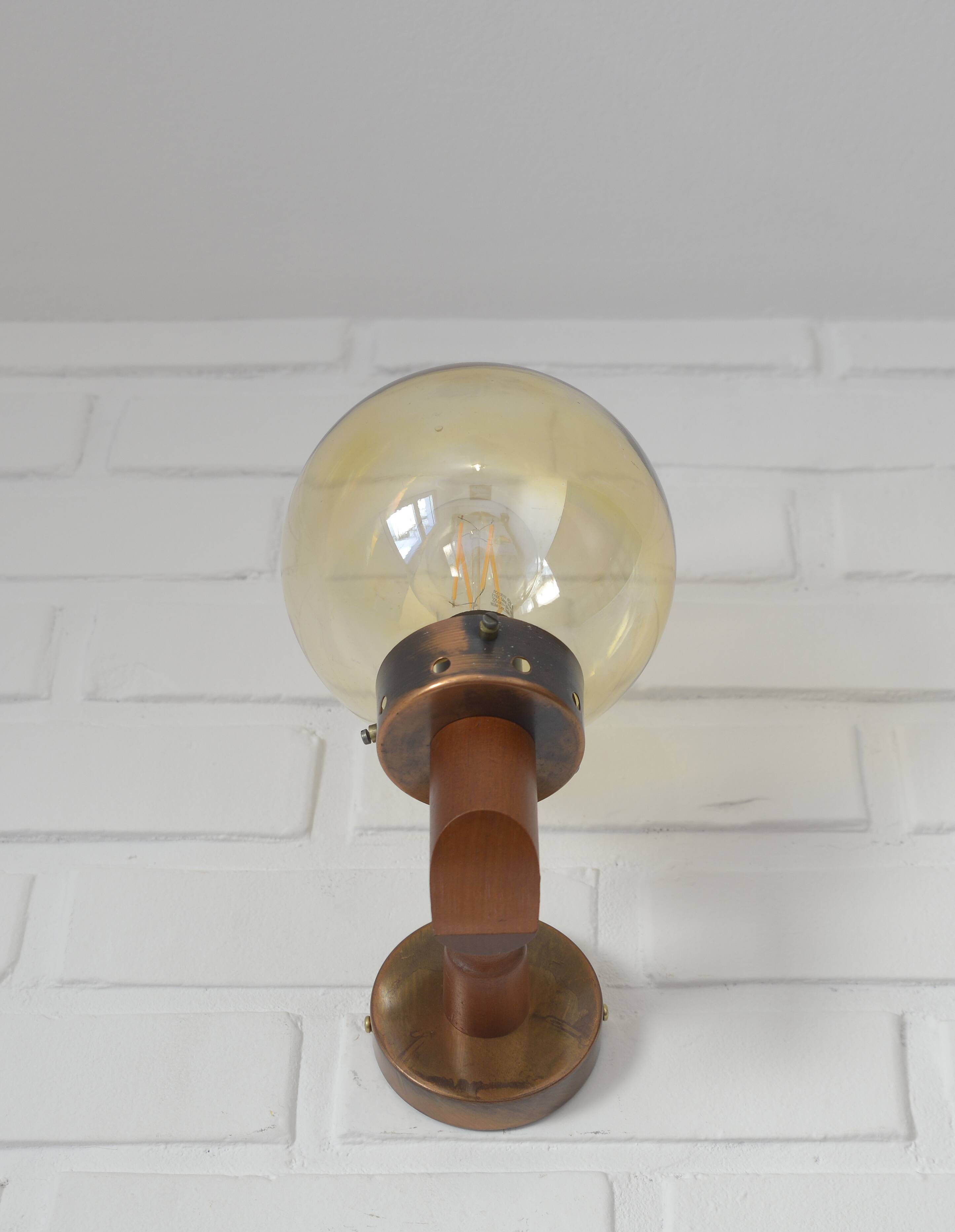 1 of 6 vintage wall lamps, rustic sconces, wood and copper amber glass 1980