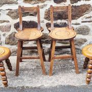 Set of rustic chairs and stools in carved oak, vintage, 1950s.