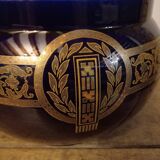 Cache-pot Sarreguemines ancien décor Empire bleu cobalt et or