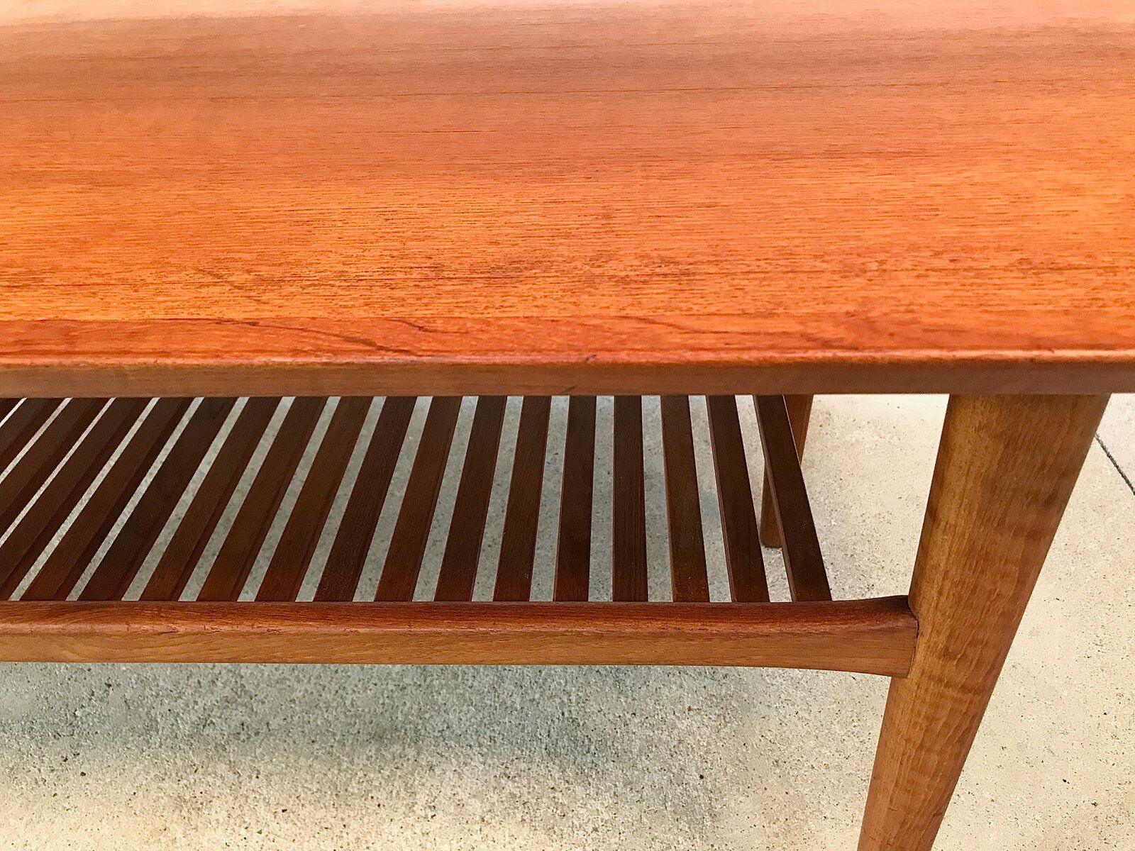 Scandinavian teak coffee table with slatted shelf, Denmark 1960s