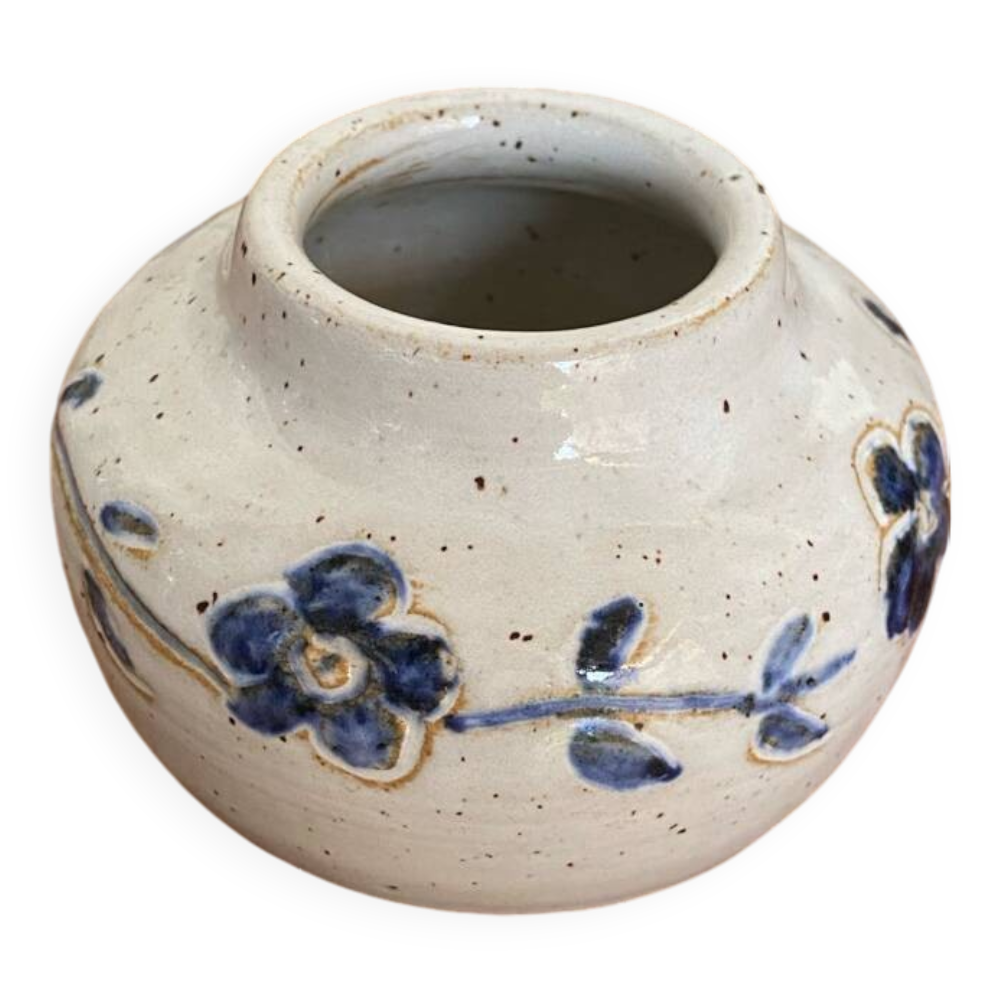 Antique White Ceramic Ball Vase Chiseled Decor Blue Flowers Vintage