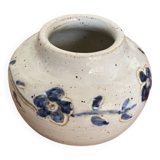 Antique White Ceramic Ball Vase Chiseled Decor Blue Flowers Vintage