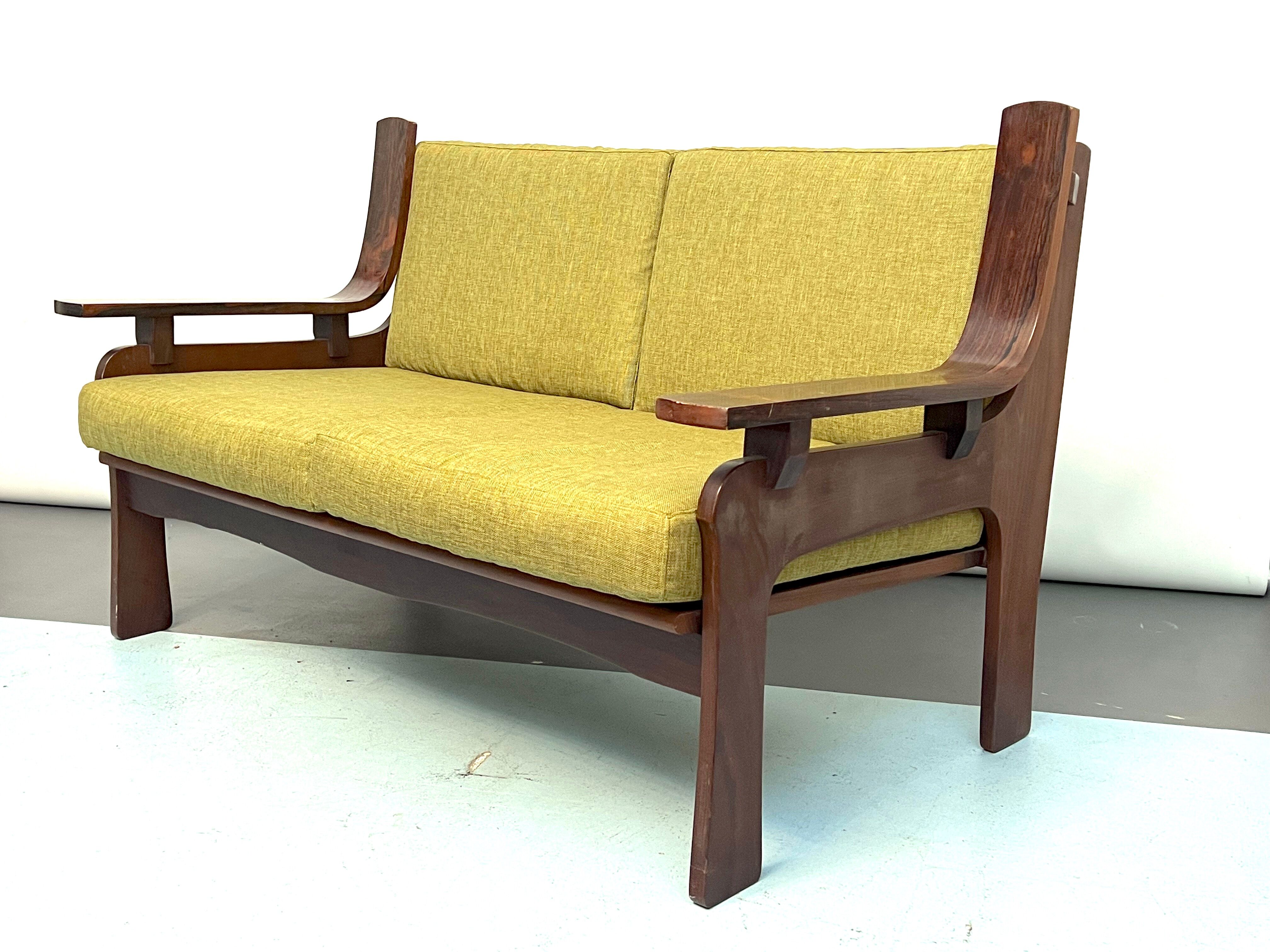 Set of four armchairs and a sofa in wood and green fabric, Italy 1960s