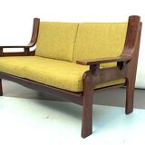 Set of four armchairs and a sofa in wood and green fabric, Italy 1960s