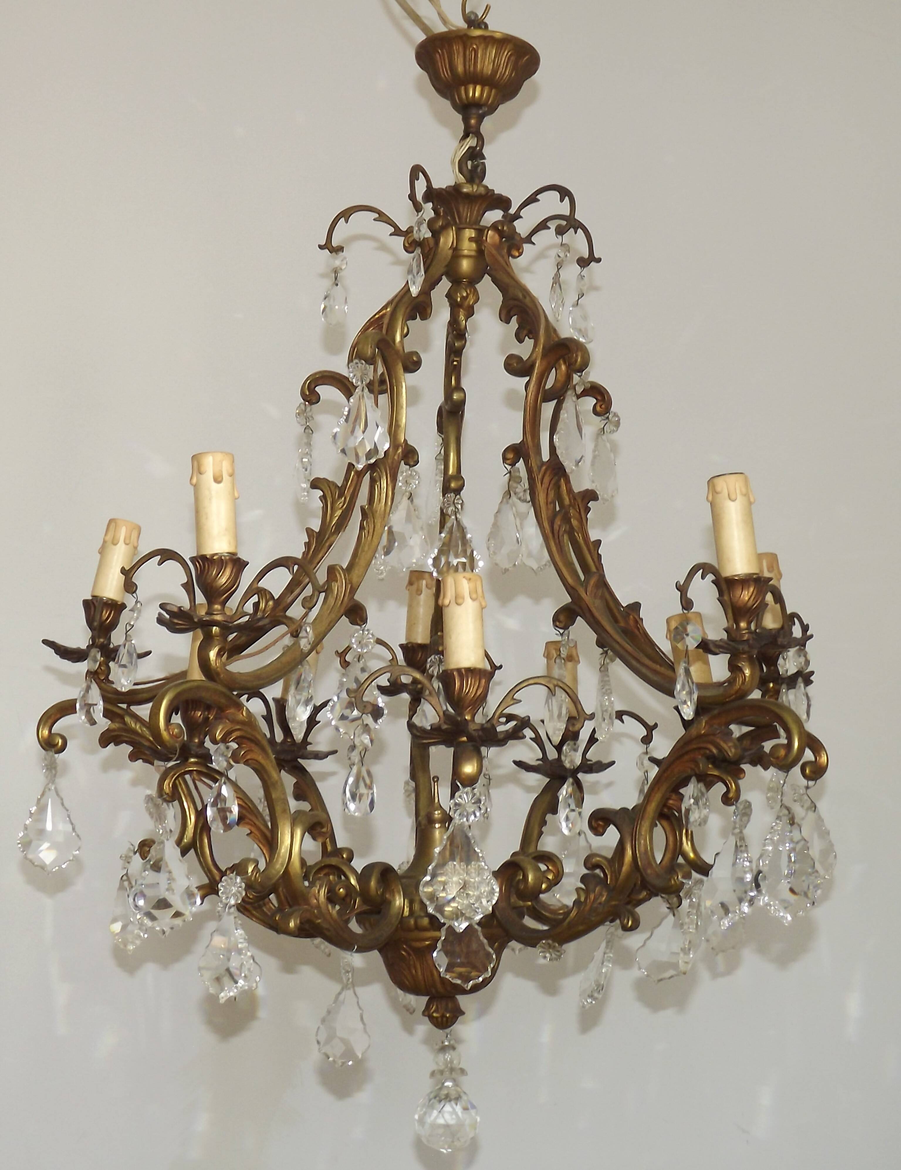 10 Light 5 Sided Bronze and Crystal Cage Chandelier