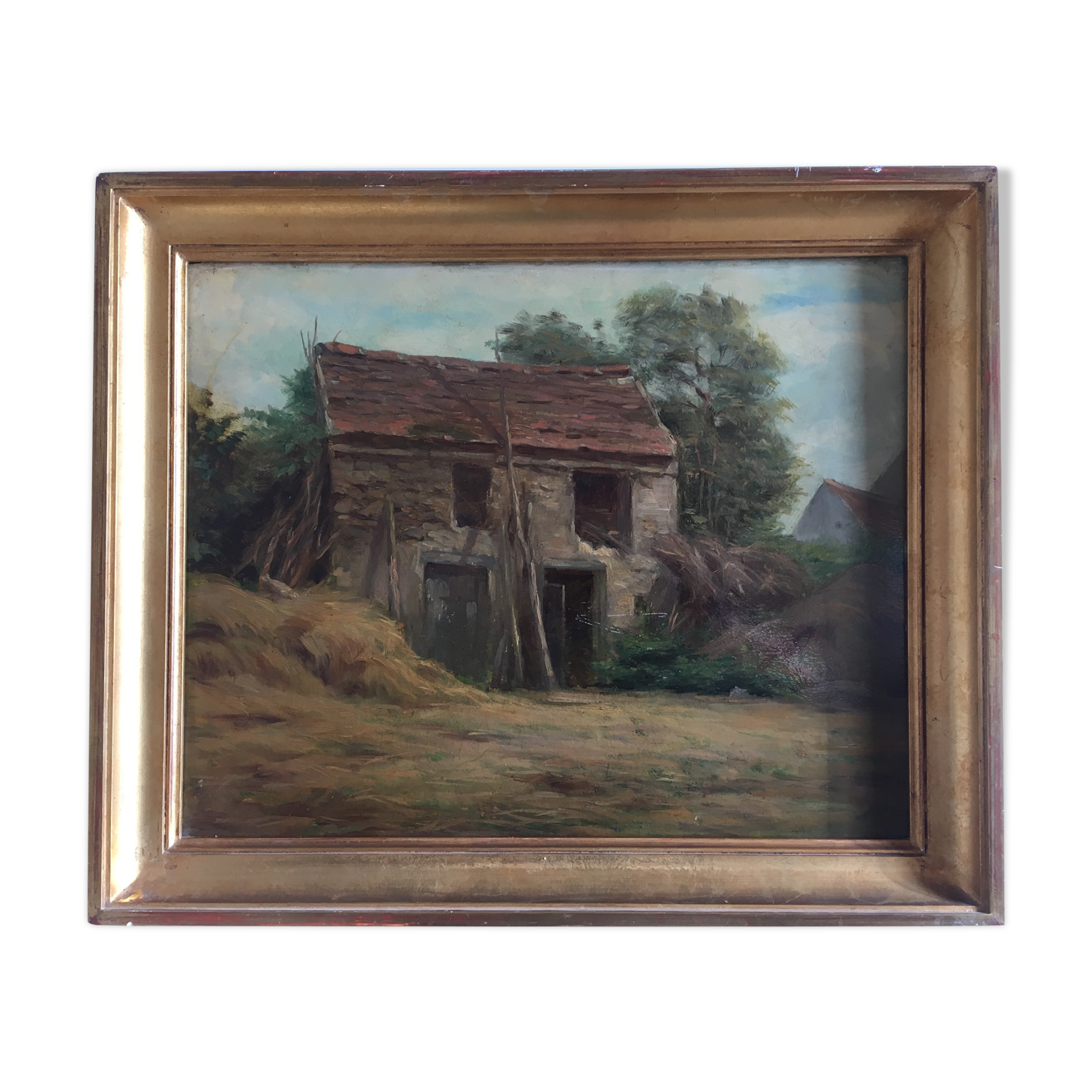 Ferme XIXe huile sur bois cadre bois doré