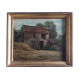 Ferme XIXe huile sur bois cadre bois doré