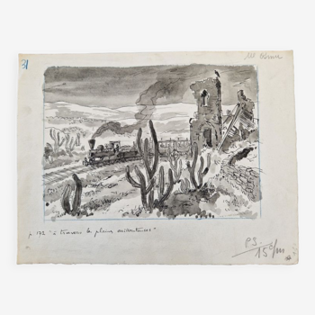 Encre et lavis d'encre sur papier A travers les plaines caillouteuse Jacques Boullaire (1893-1976)