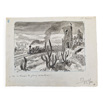 Encre et lavis d'encre sur papier A travers les plaines caillouteuse Jacques Boullaire (1893-1976)
