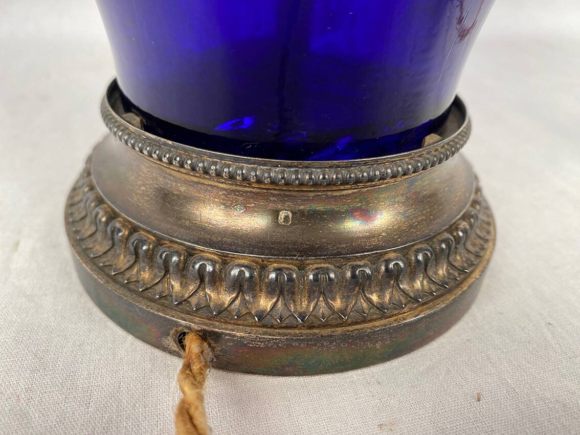 Risler and Carré. Large lamp in blue glass and silver frame, Minerve hallmark