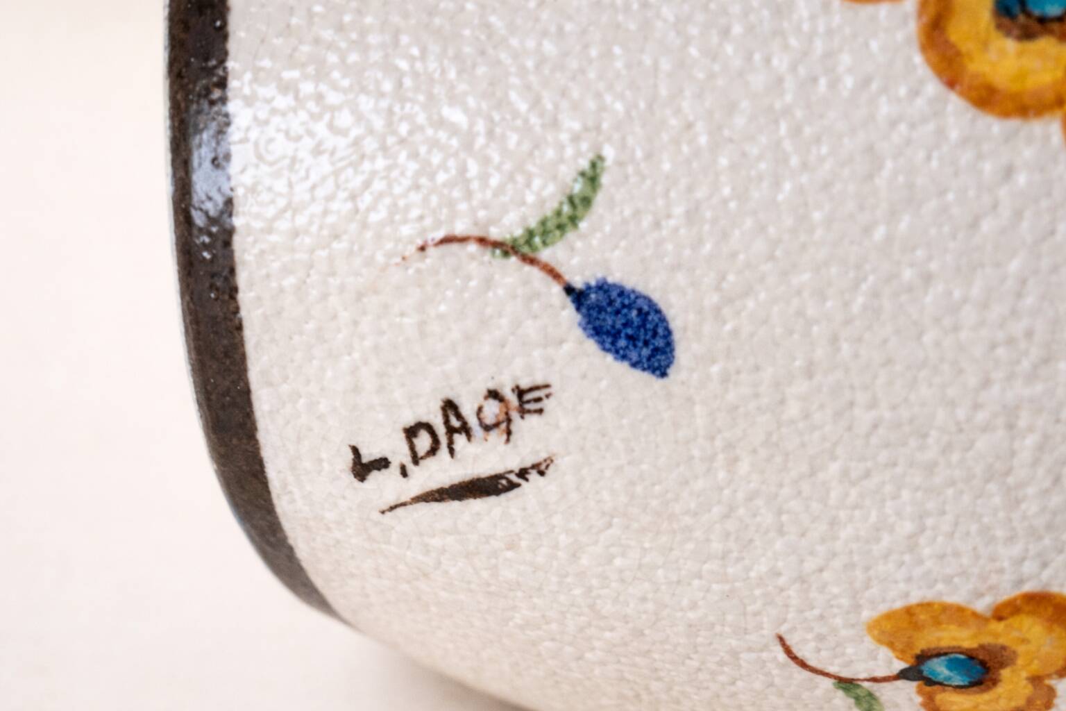 Art Deco vase by Louis Dage, frosted enamel and hand-painted floral decoration, years.