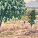 1920s french oil painting / panel. landscape. fields, trees and mountains