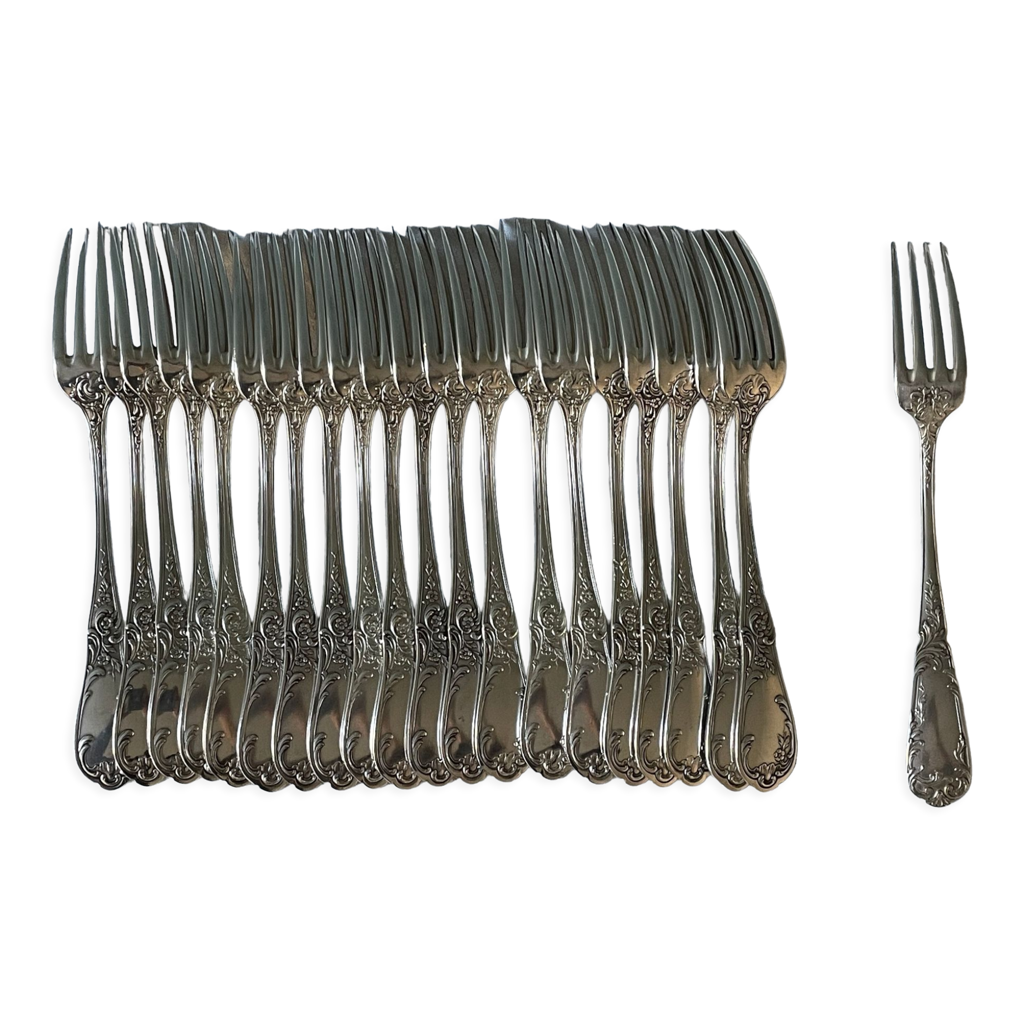 Series of 21 antique silver metal table forks