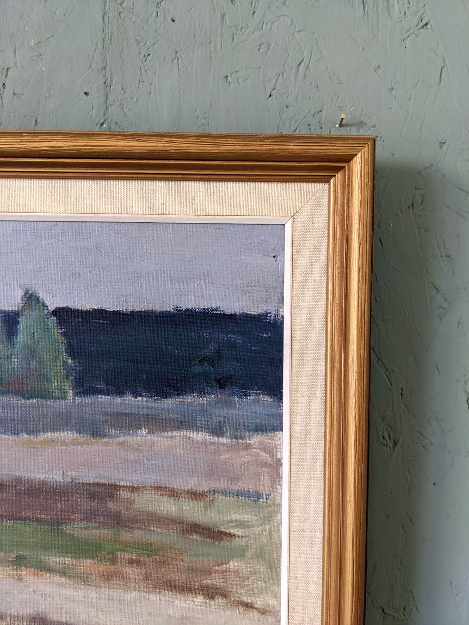 1967 mid-century modern swedish "coastal path" vintage coastal landscape framed oil painting