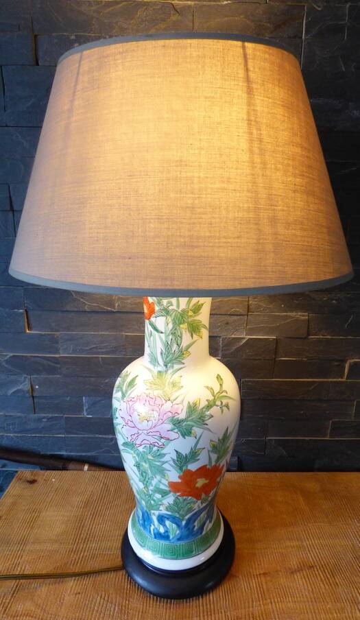 Chinese white earthenware lamp base with flower decoration